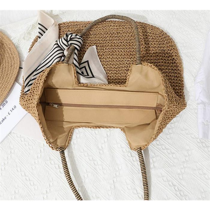 Ｓ ベージュかごバッグ ベージュ 大きめ トートバッグ かごバッグ 大容量 レディース レジャーバッグ シンプル