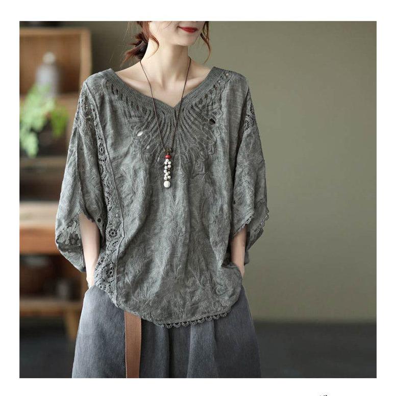 レース刺繍 ブラウス レディース トップス 7分袖 ドルマン レース 刺繍