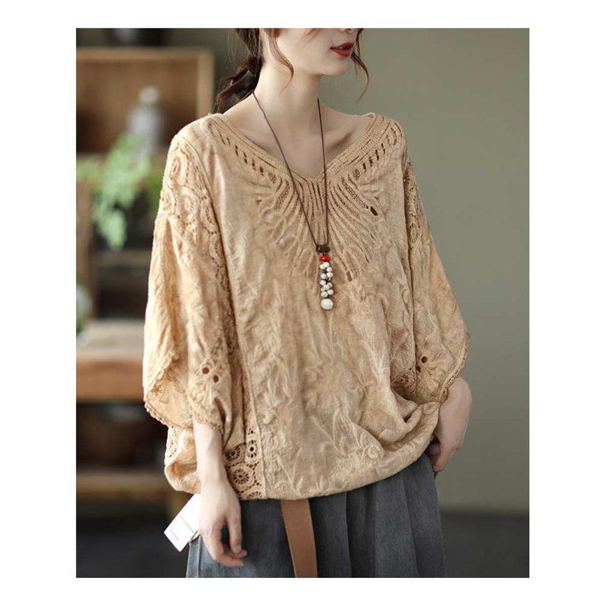 レース刺繍 ブラウス レディース トップス 7分袖 ドルマン レース 刺繍