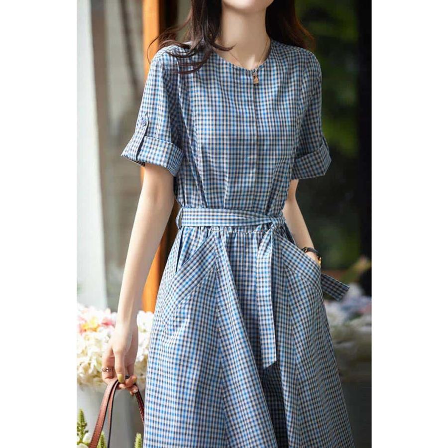 ワンピース レディース 半袖 夏 春 Aライン ワンピ 格子柄 ゆったり