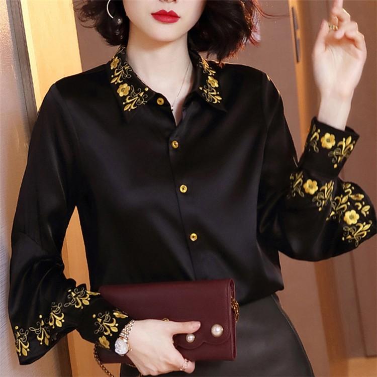 シャツブラウス レディース シャツ トップス とろみシャツ 長袖 ブラウス 刺繍 ブラック サテン オシャレ 着痩せ 通勤 Ol フォーマル 春 夏 30代 40代 50代 Xd Bi 0007 Youdear 通販 Yahoo ショッピング