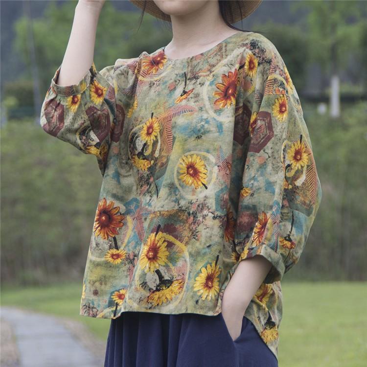 ブラウス 七分袖 レディース 綿麻混風 シャツブラウス Tシャツ トップス ゆったり 大きいサイズ プルオーバー 通勤 体型カバー 夏 秋 コーデ 花柄 30代 40代 Xd Bk 0111 Youdear 通販 Yahoo ショッピング