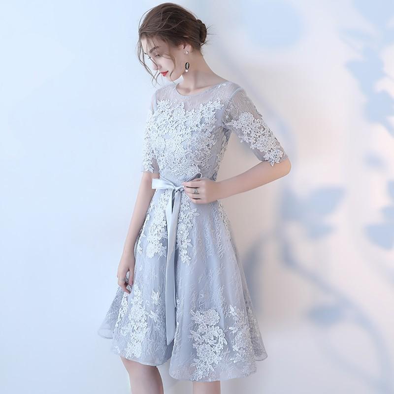 パーティードレス 結婚式 ワンピース ドレス 袖あり レース Aライン