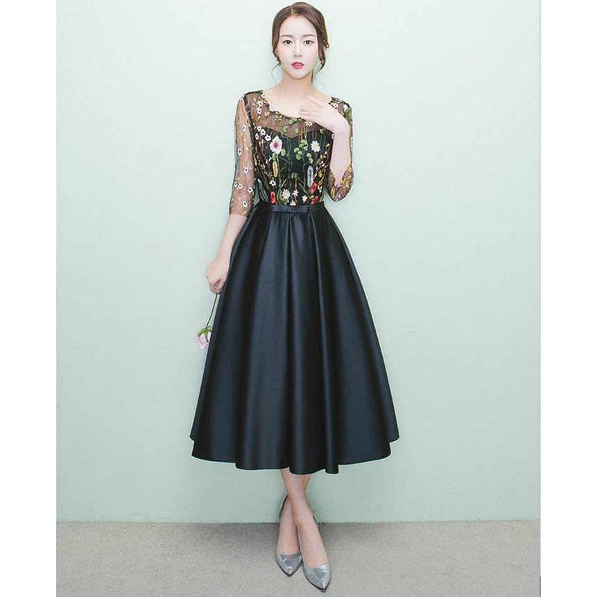 パーティードレス 結婚式 ドレス ウエディングドレス ミモレ丈 七分袖