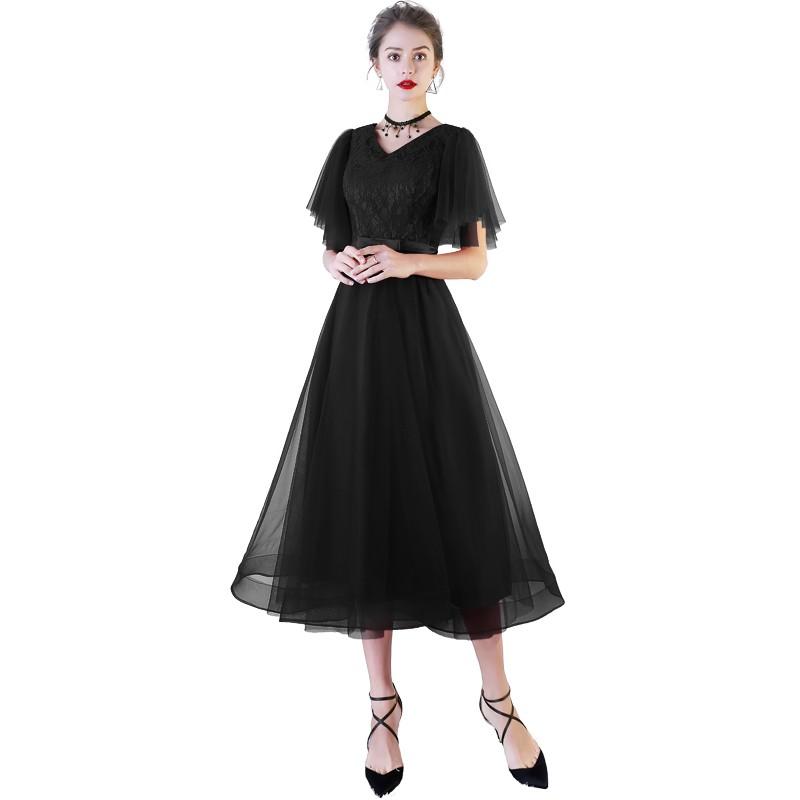 パーティードレス 結婚式 ワンピース ドレス 袖あり ミモレ丈 レース