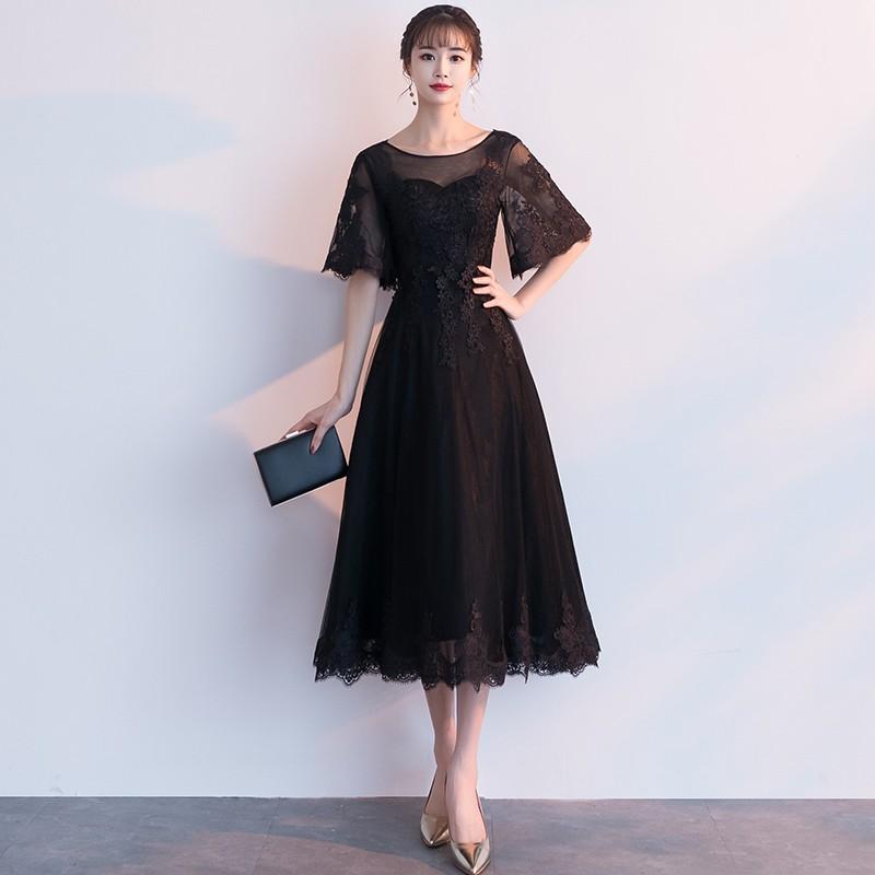 パーティードレス 結婚式 ワンピース ドレス 袖あり レース ミディアム