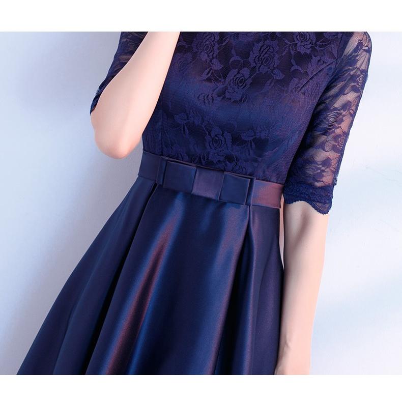ネイビー パーティードレス　お呼ばれドレス　食事会　結婚式　二次会 楽天市場】レース切替半袖パーティードレス ドレス 結婚式