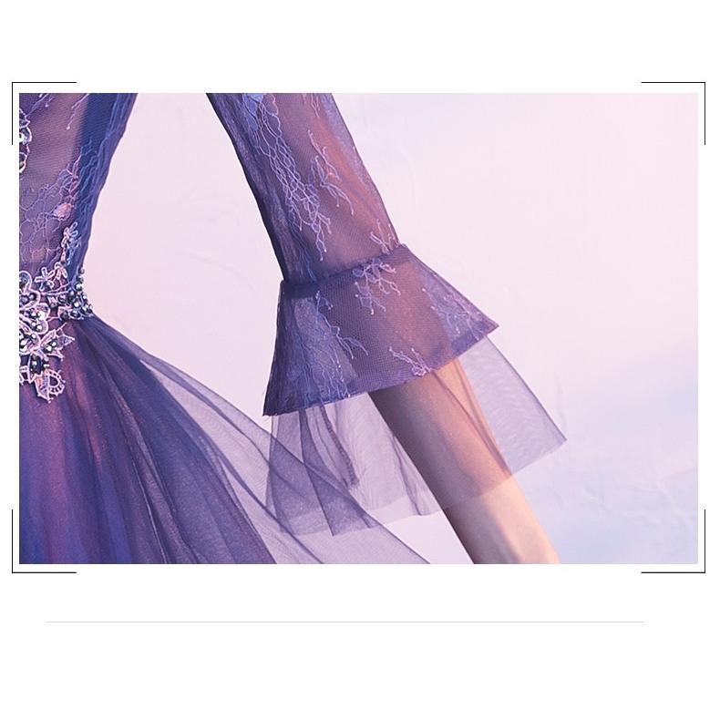 ロングドレス 演奏会パーティードレス ロング丈 袖あり 刺繍 レース