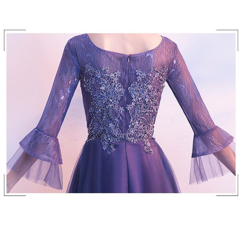 ロングドレス 演奏会パーティードレス ロング丈 袖あり 刺繍 レース