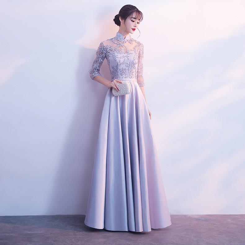 ロングドレス 演奏会 袖あり パーティードレス 結婚式ドレス 刺繍