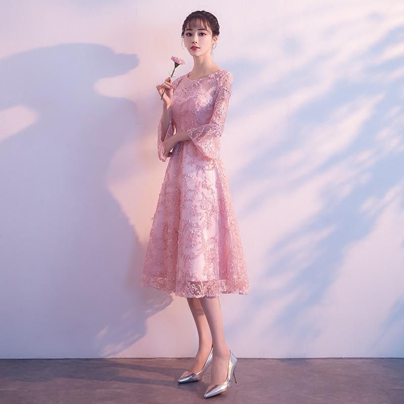 パーティードレス 結婚式 ワンピース ドレス 袖あり ベルトスリープ