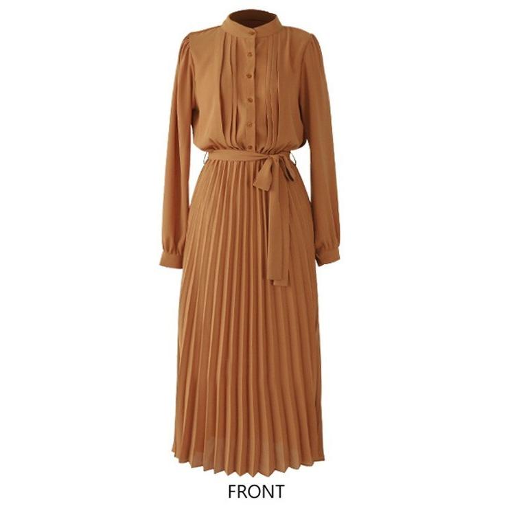 ワンピース レデイース ロング丈 春 長袖 プリーツ フレア