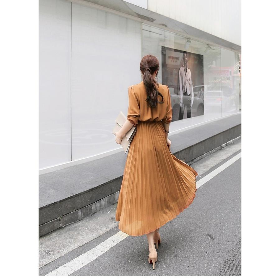 ワンピース レデイース ロング丈 春 長袖 プリーツ フレア