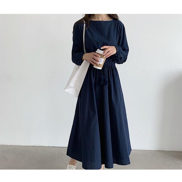 ロングワンピース 長袖 春 秋 コットン ゆったり 無地 ベルト付き 体型