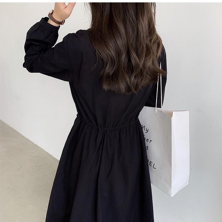 ロングワンピース 長袖 春 秋 コットン ゆったり 無地 ベルト付き 体型