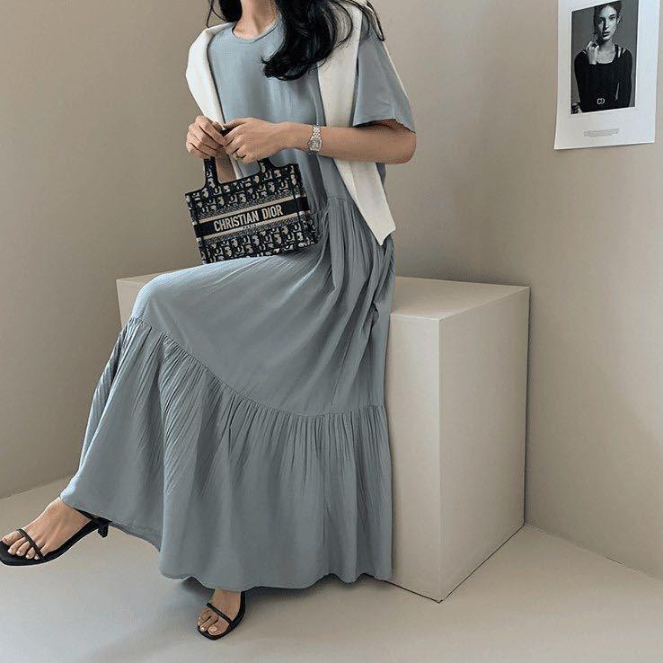 ワンピース ロングワンピース レデイース 夏 半袖 無地 プリーツ  