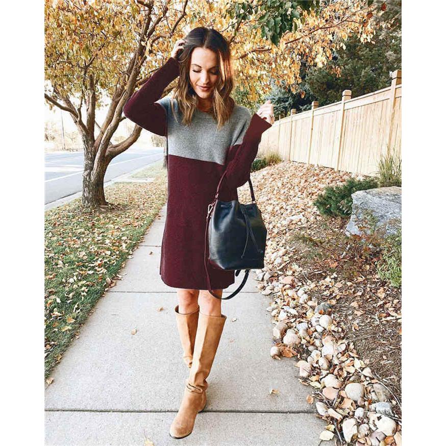 ワンピース レディース 長袖 膝上 丸襟 配色 大人 上品 ハイ