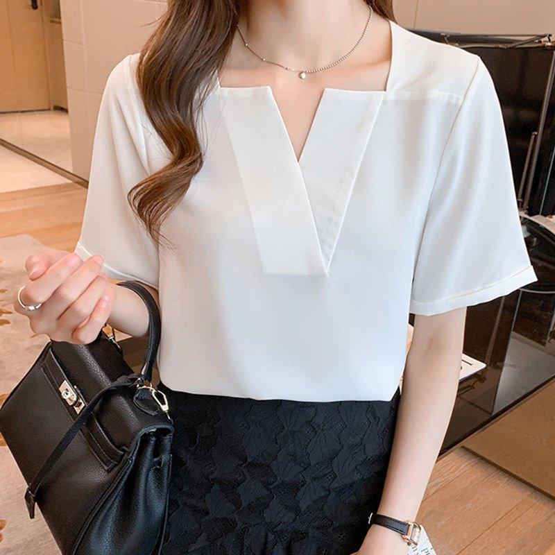 ブラウス レディース 夏 シャツブラウス オフィス 半袖 無地 Vネックブラウス夏 韓国風 シフォントップス 薄手 おしゃれ 30代 40代 通勤 Ol 体型カバー Zp Cj 069 Youdear 通販 Yahoo ショッピング