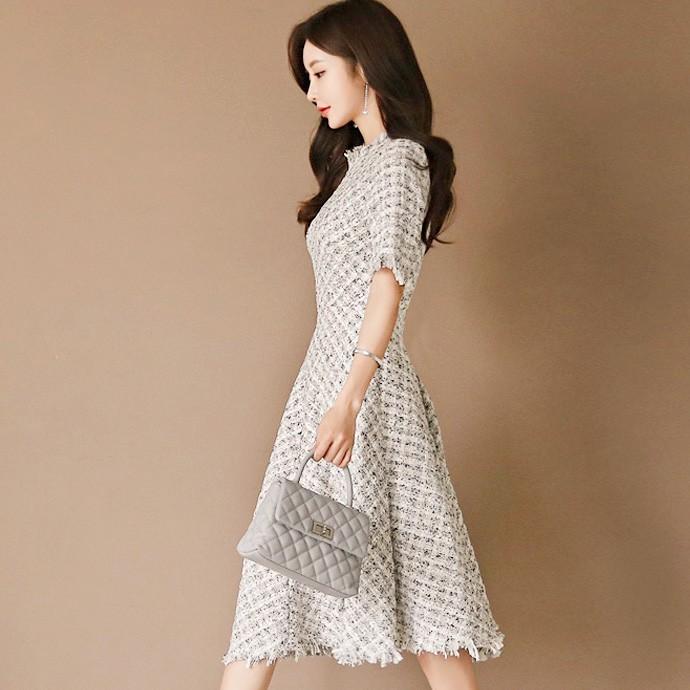 ワンピース ワンピ七分袖 チェック風 フレア ドレス 大人 可愛い