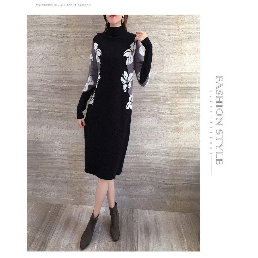 ニットワンピース レディース 秋冬 膝丈 ワンピース 厚手 きれいめ 花