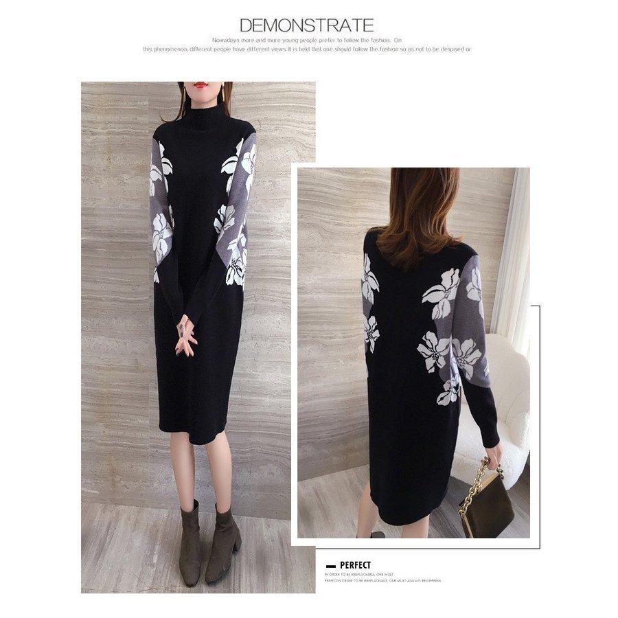ニットワンピース レディース 秋冬 膝丈 ワンピース 厚手 きれいめ 花