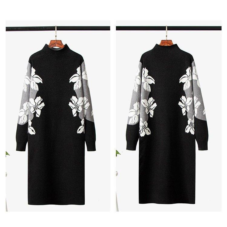 ニットワンピース レディース 秋冬 膝丈 ワンピース 厚手 きれいめ 花