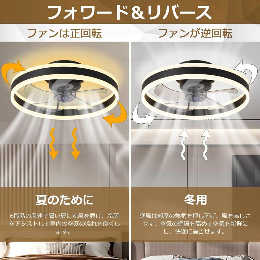 シーリングファンライト DCモーター シーリングファン LED ファン付き照明 おしゃれ 首振り 小型 北欧 調光調色 6段階調節 正逆回転機能 APP対応 リモート制御_2