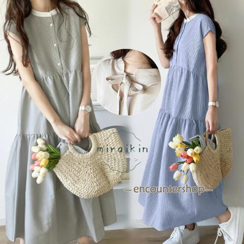 ワンピース ロング 夏 半袖 シャツワンピース バックリボン ティアード