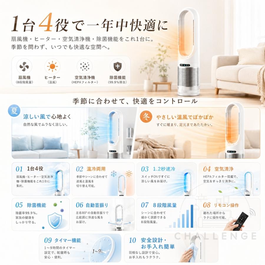 冷風機 扇風機 空気清浄機 羽根なし 強力 強風 セラミックヒーター