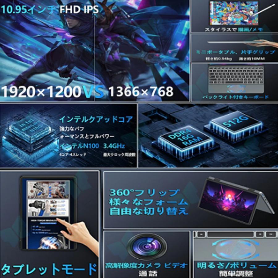 タッチパネル 小型ノートパソコン 持ち運び 新品 11インチパソコン intel n100 爆速 DDR4 32GBメモリ SSD 512GB 大容量増設可 11型 パソコン 持ち運び Win11小型の画像