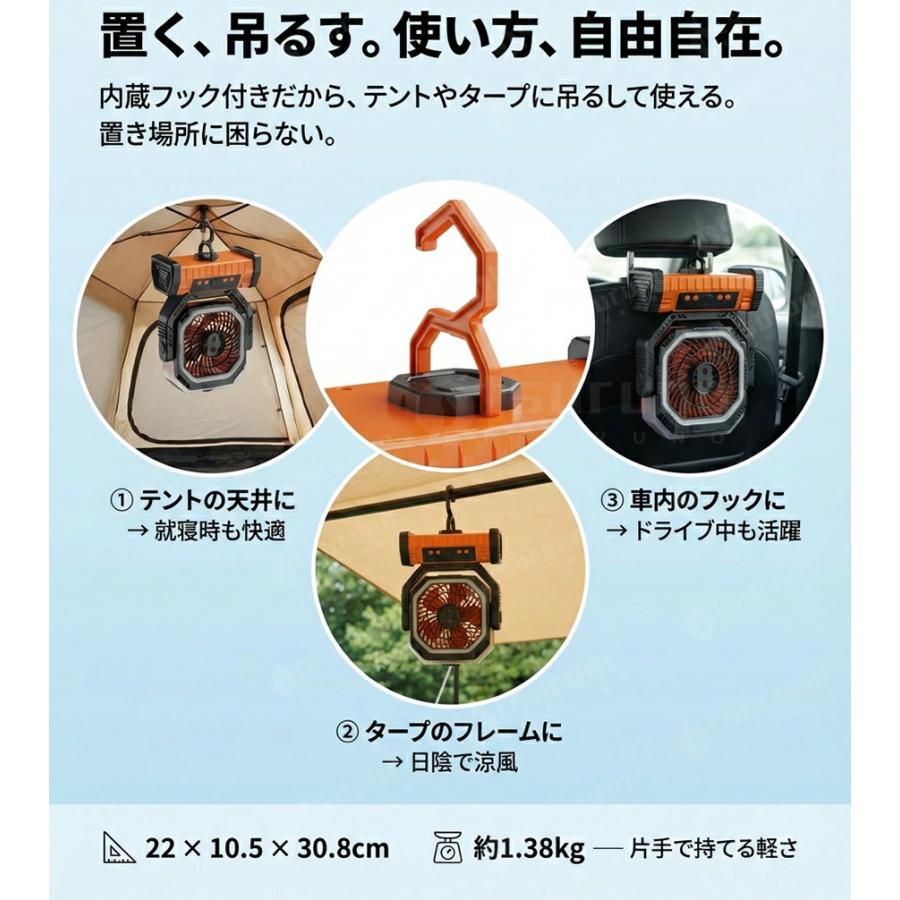 アウトドア 扇風機 キャンプ ミストファン 加湿×照明 22000mAh大容量