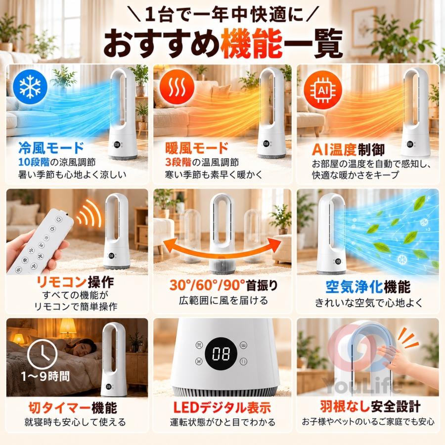 セラミックヒーター タワーファン 首振り ヒーター 空気清浄機 ファン