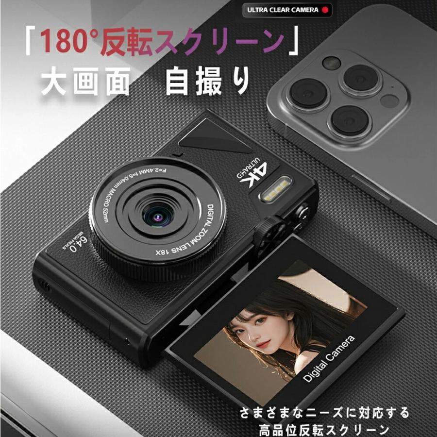 デジタルカメラ wifi対応 4K 6400万画素 3インチIPS大画面 180度反転