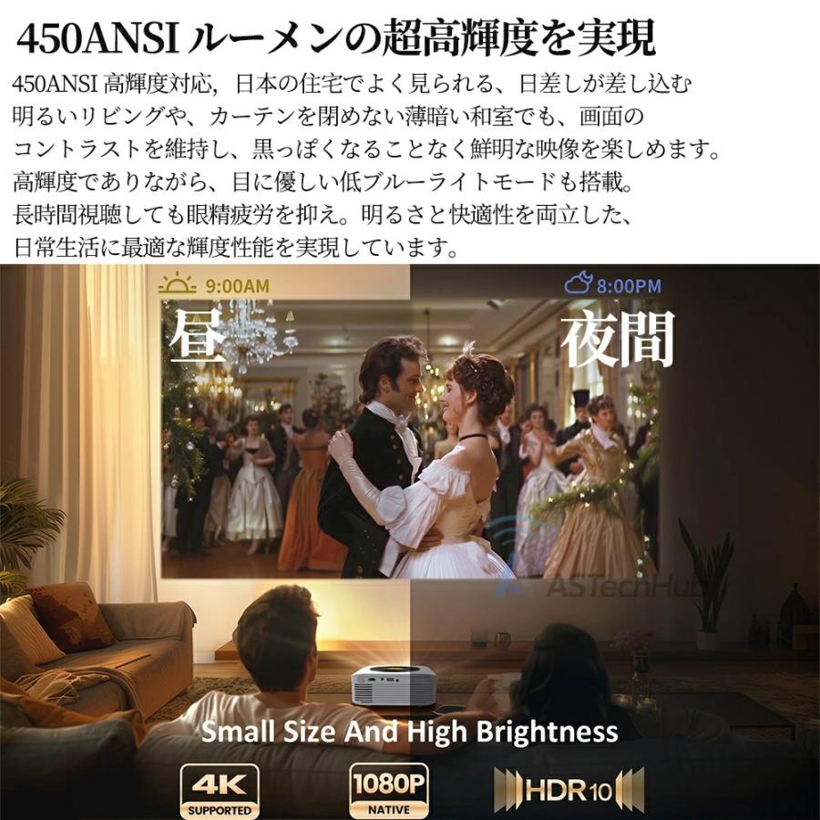 プロジェクター 小型 家庭用 学習 子供向け教育用 事務用 Netflix/YouTube/Prime 450ANSI高輝度 昼間でもはっきり 4K スマホと繋げる 自動台形補正 静音 簡単の画像
