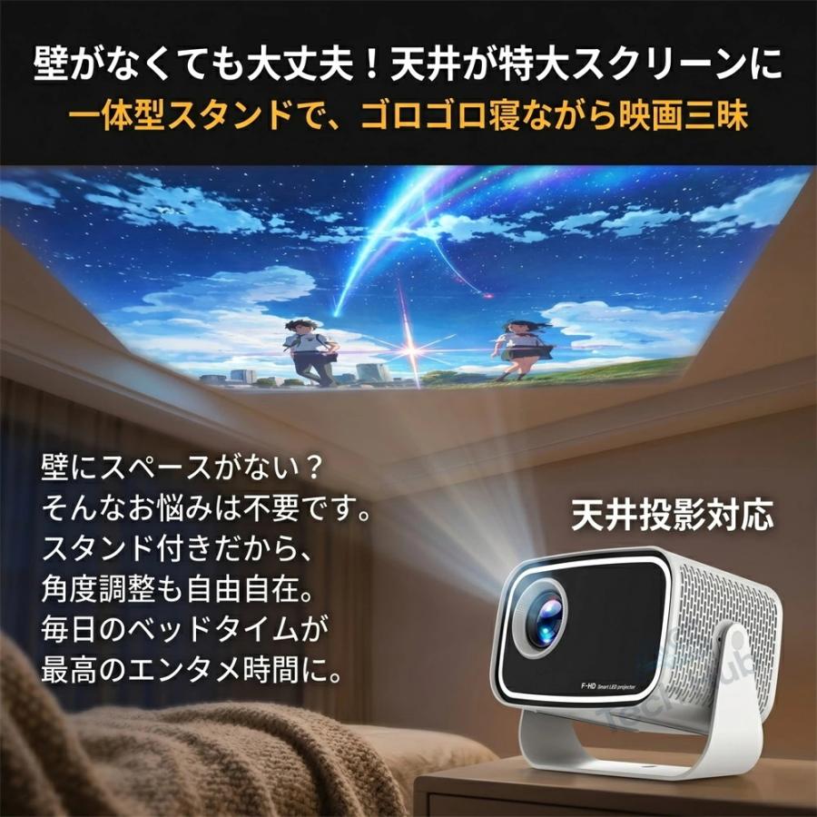 プロジェクター 小型 家庭用 天井投影 1080P&4K対応 高輝度 Android TV