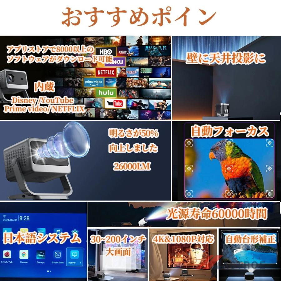 プロジェクター 家庭用 小型 天井投影 4K対応 android搭載 電動