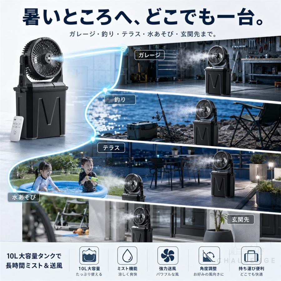 ミストファン アウトドア 扇風機 4段階調節 20000mAh 10L水タンク 噴霧