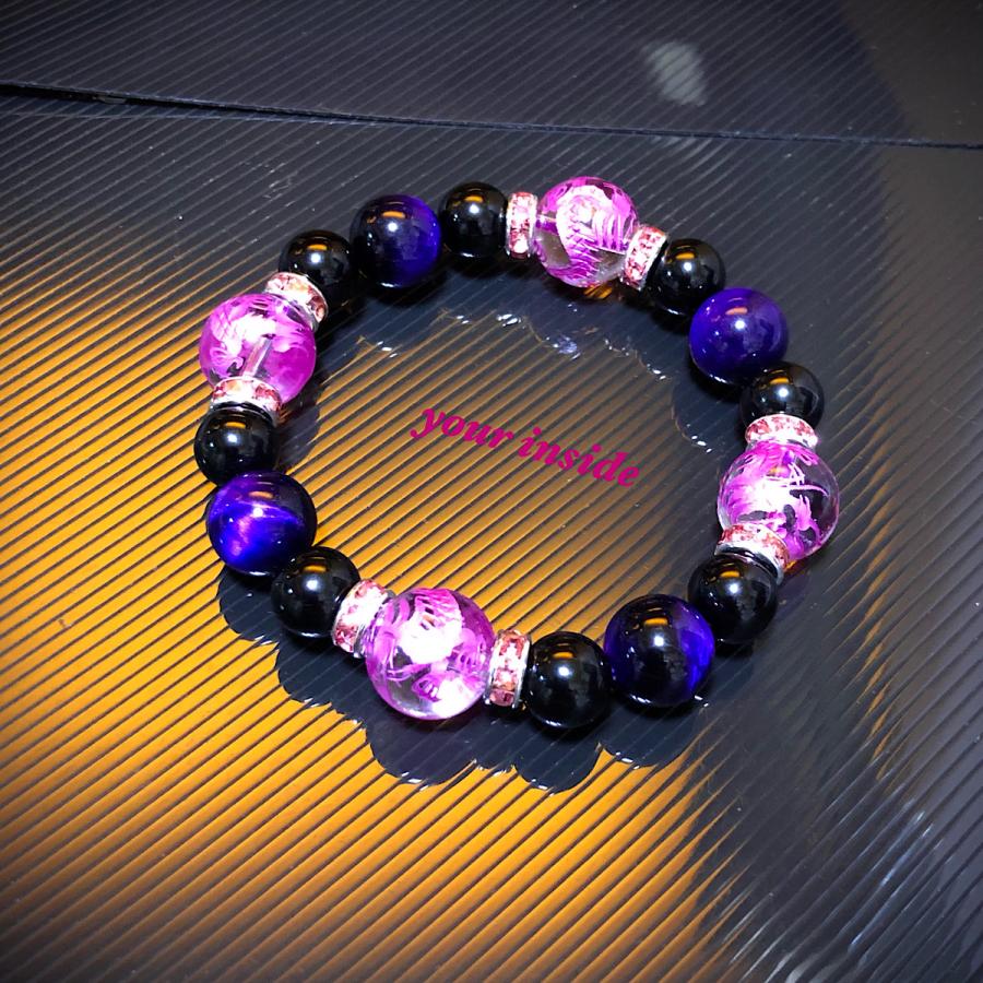ピンク パープル 龍彫り水晶 パープルカラータイガーアイ 天然石ブレスレット |  | 06