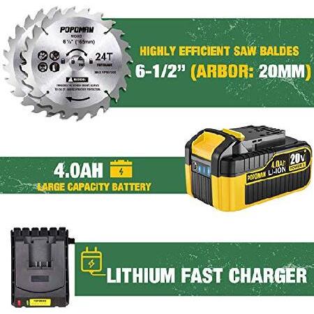 POPOMAN　Cordless　Circular　Charger,　Depth　4300　Saw,　Wood　Adjustable　Battery＆Fast　Cutting　RPM　20V　Speed,　52mm(90°)　35mm　with　Cutting　Blades,　4.0Ah