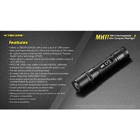 Combo: Nitecore MH11 USB-C RECHARGEABLE FLASHLIGHT - 1000 Lumen， Include NL1826 battery and 3Amp USB Wall Adapter USB お気軽にお問い合わせください