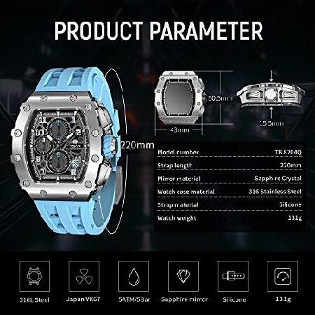 25【新品未使用】 TSAR BOMBA Watches for Men Luxury Tonneau Wristwatch Analog 50M Waterproof Sapphire Glass Japanese Quartz Movement Silicone Strap Chronograph A-Level 【GMS6438558394】(23496円)