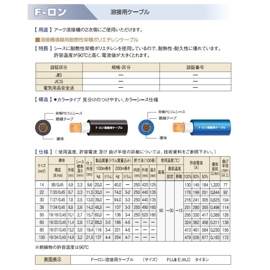 富士電線 溶接用電源ケーブル 楽天 キャプタイヤ Fロン 青 38sq 30m