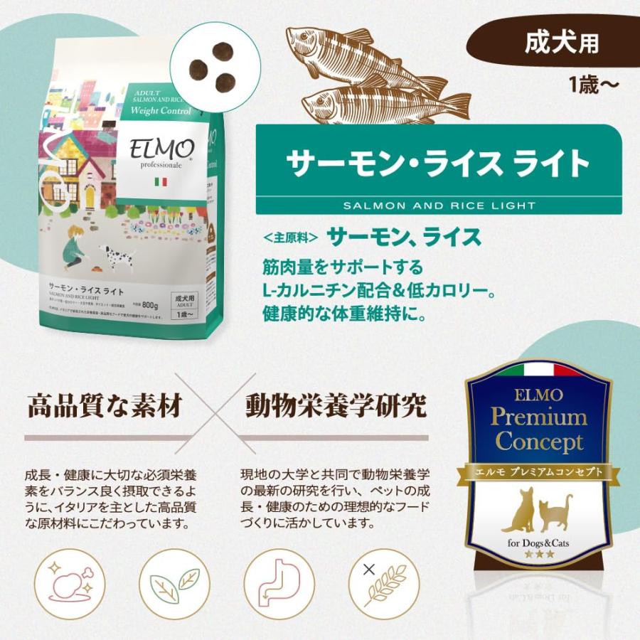 ELMO エルモ 成犬用 サーモンライス・ライト 健康的な体重維持に Amazon.co.jp: 【成犬用 イタリア製ドッグフード 800g】ELMO
