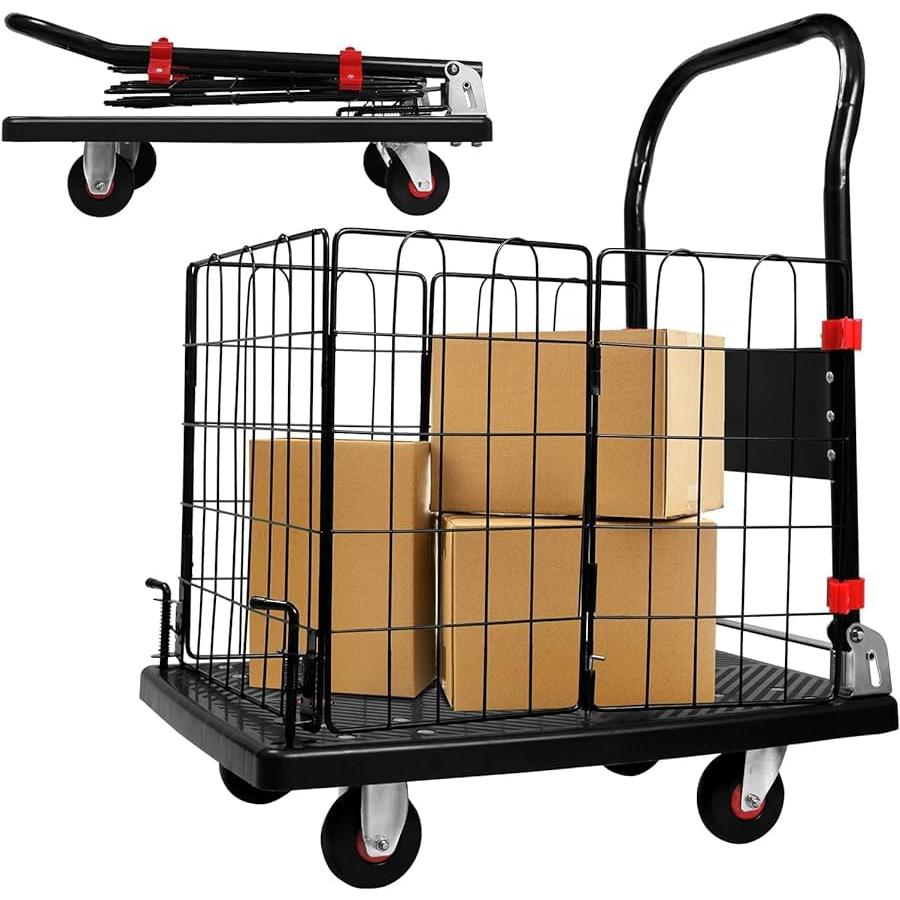 カゴ台車☆片面折畳み可能！四駆☆室内使用☆在庫残り2台 カゴ台車 90x60CM 耐荷重650KG 大型折りたたみ手押し平台車 5インチTPR