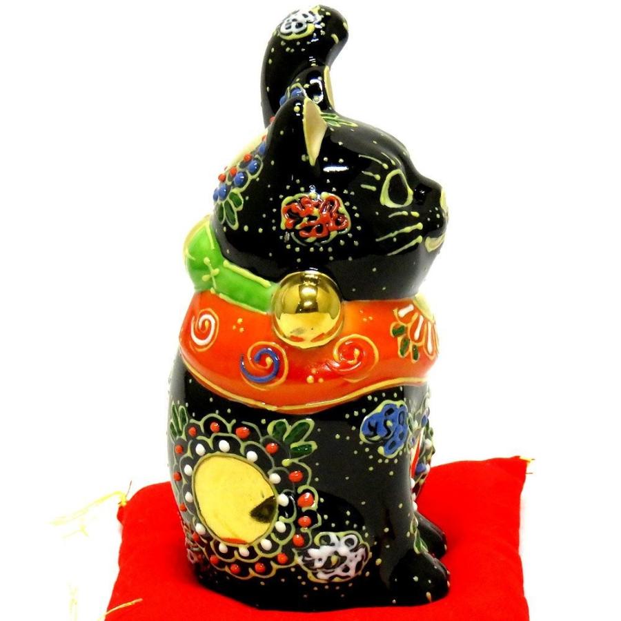 九谷焼 黒盛 座布団付 左手 招き猫 風水占い 招き猫