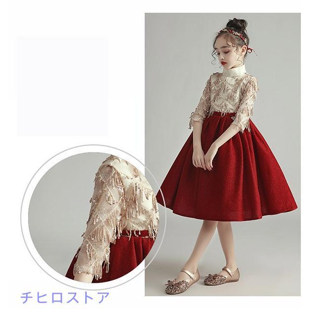ピアノ発表会 ドレス 中学生 ワンピース 女の子 キッズドレス ショート ひざ丈 春秋向け ハイネック ガール 子供ドレスの画像