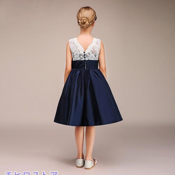 子供ドレス ピアノ発表会 ミディアム丈 ネイビー レース 上品 女の子 夏 タンクワンピの画像