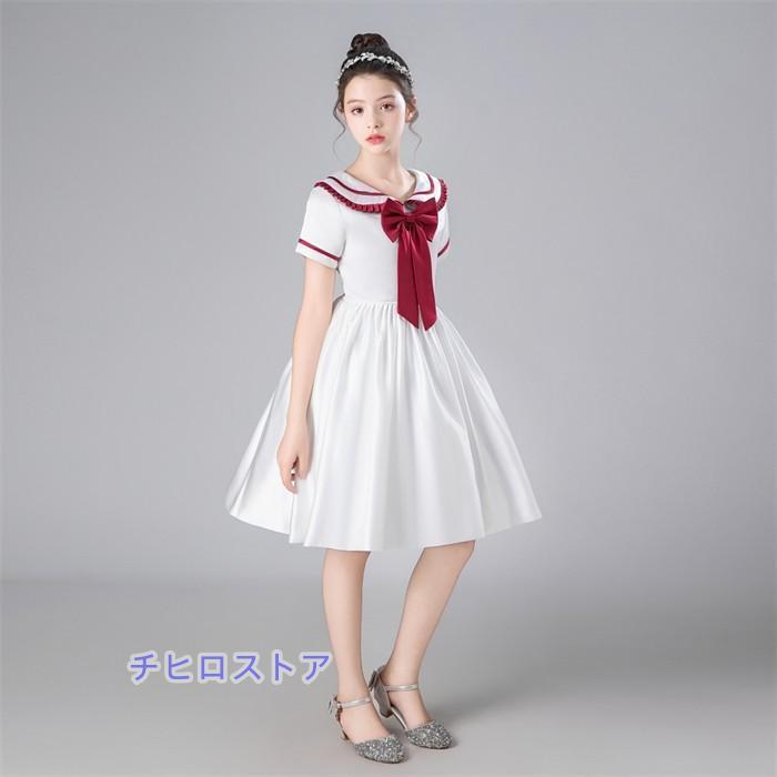 ピアノ発表会 ドレス 子供 女の子 発表会ドレス 子ども ワンピース リボン 膝丈 ひざ丈 ロング丈 半袖 オフホワイト お祝い日 演奏会 音楽会 フォーマル 誕生日の画像