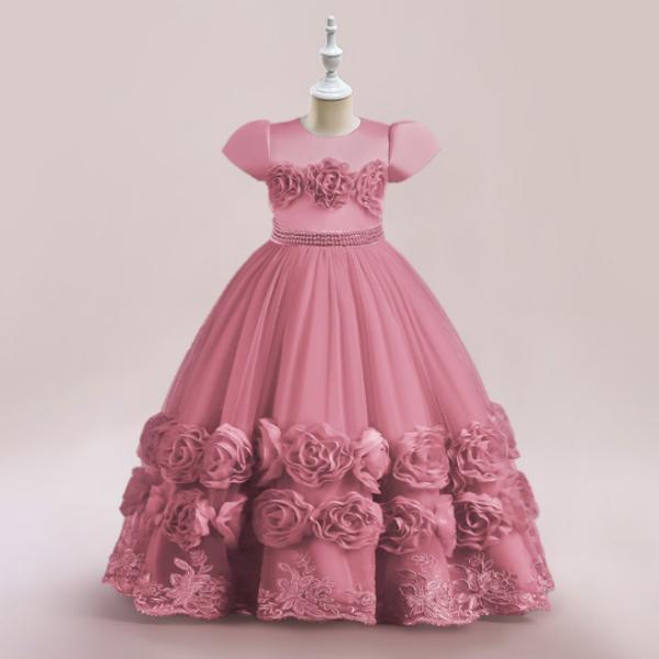 キッズドレス 子供ドレス 女の子 半袖 スパンコール キラキラ プリンセス ロング フロアレングスドレス 演出服 演奏会 発表会 結婚式の画像