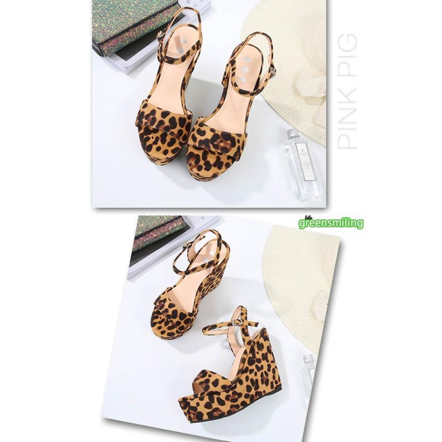 サンダル ヒョウ柄サンダル ウェッジソール 厚底 ヒール10cm/12cm 美脚